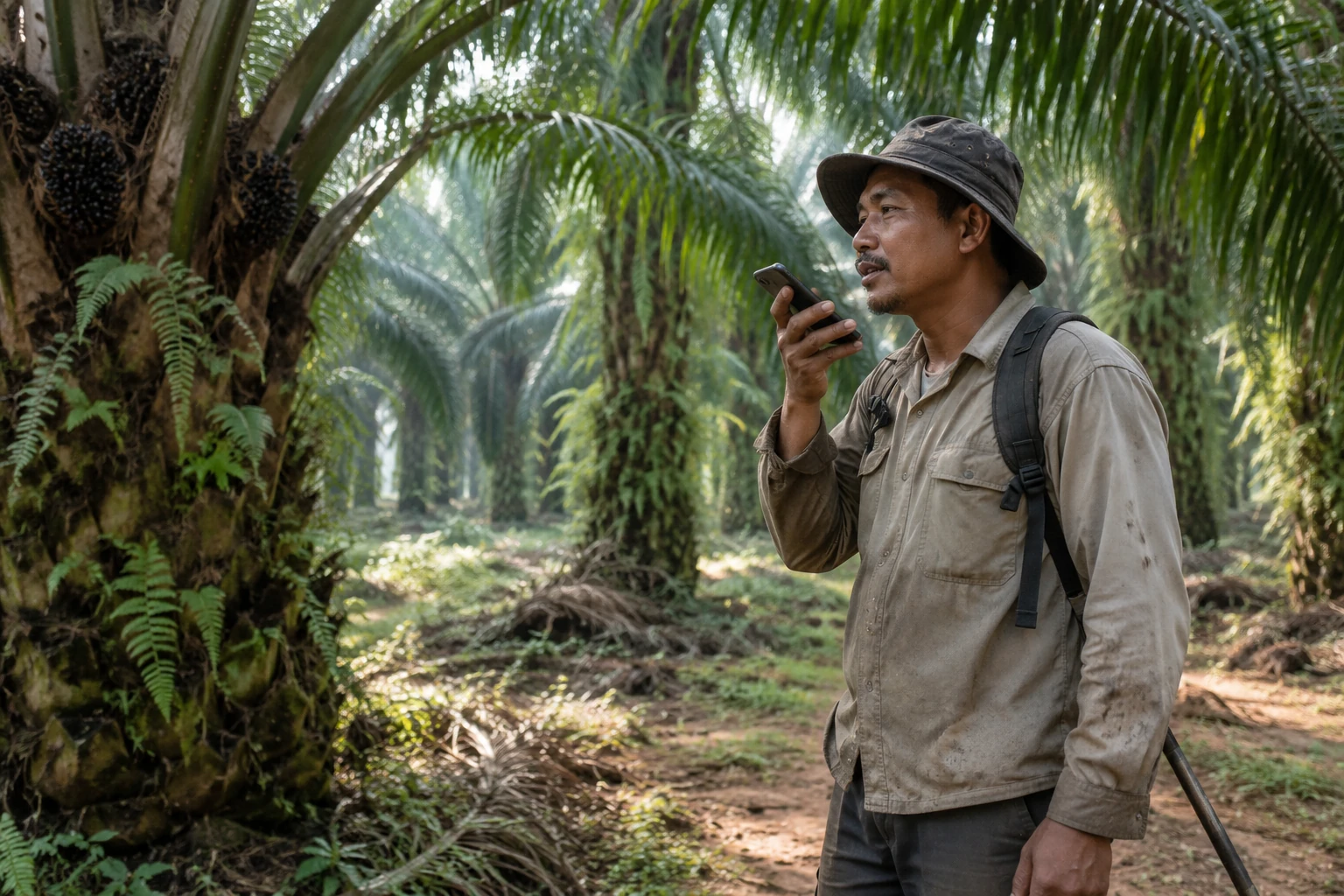 Illustrative plantation worker recording a voice note among oil palms